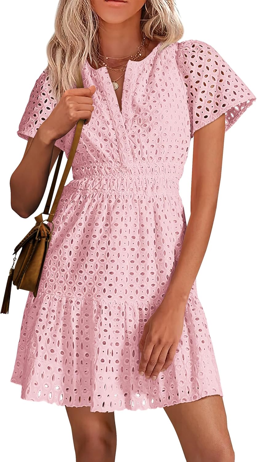 PRETTYGARDEN Womens Summer Short Dress V Neck Ruffle Style