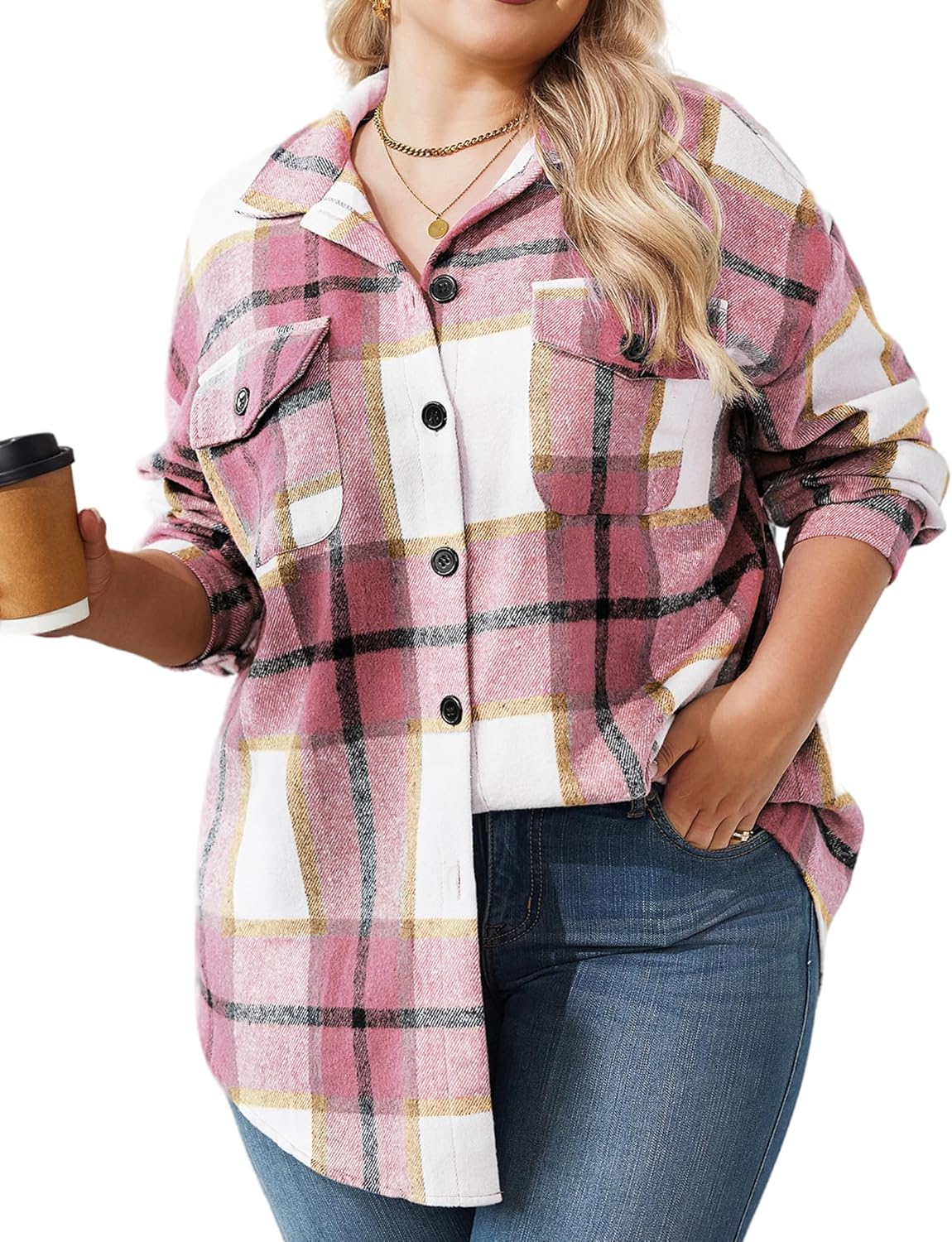 Plus Size Flannel Plaid Shacket for Women - Casual Fall Jacket