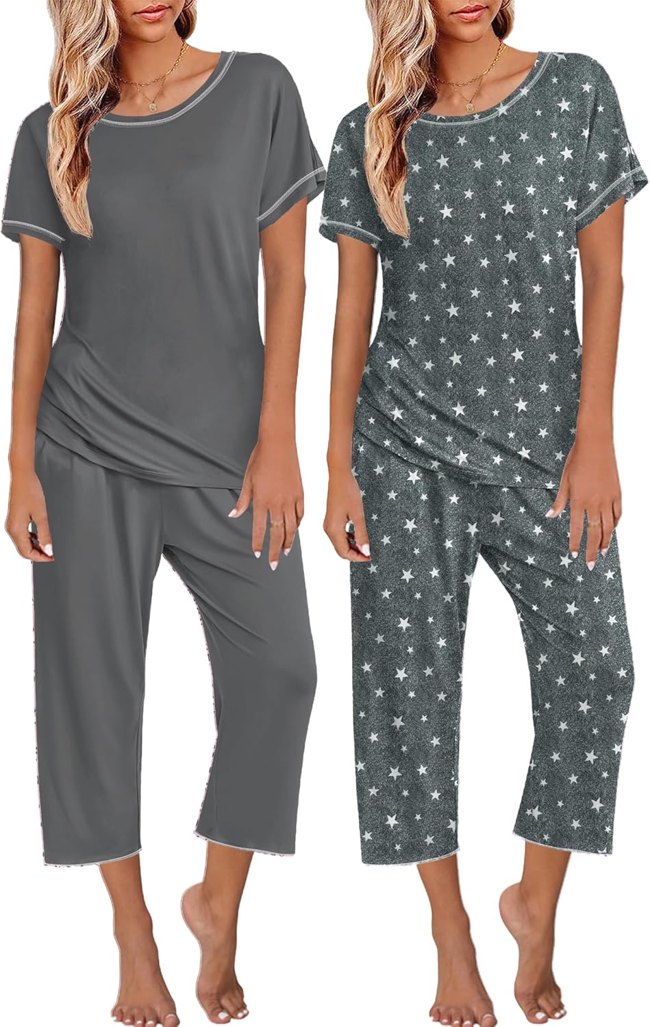 Ekouaer 2 Pack Womens Pajamas Short Sleeve Sleepwear Sets