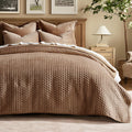 Queen Size Velvet Quilt Set in Tobacco Brown - Soft Cross-Stitch