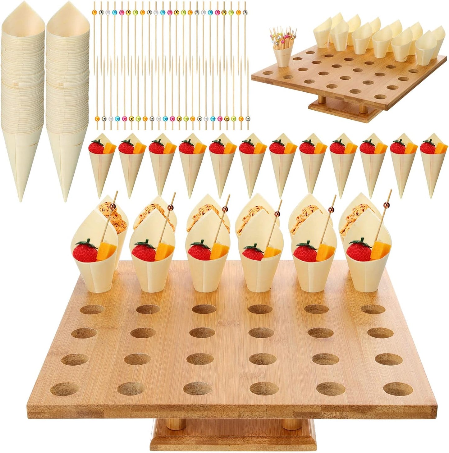 150pc Disposable Wooden Food Cones and Bamboo Ice Cream Holder