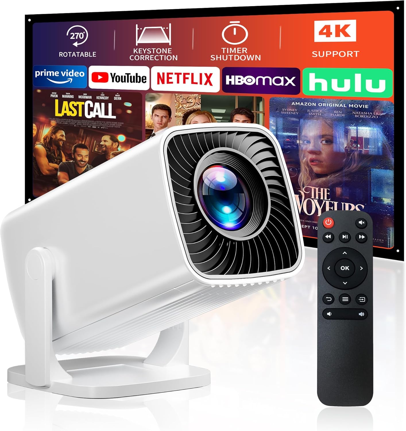 Mini Projector for Home Theater with 270 Stand and 4K Support