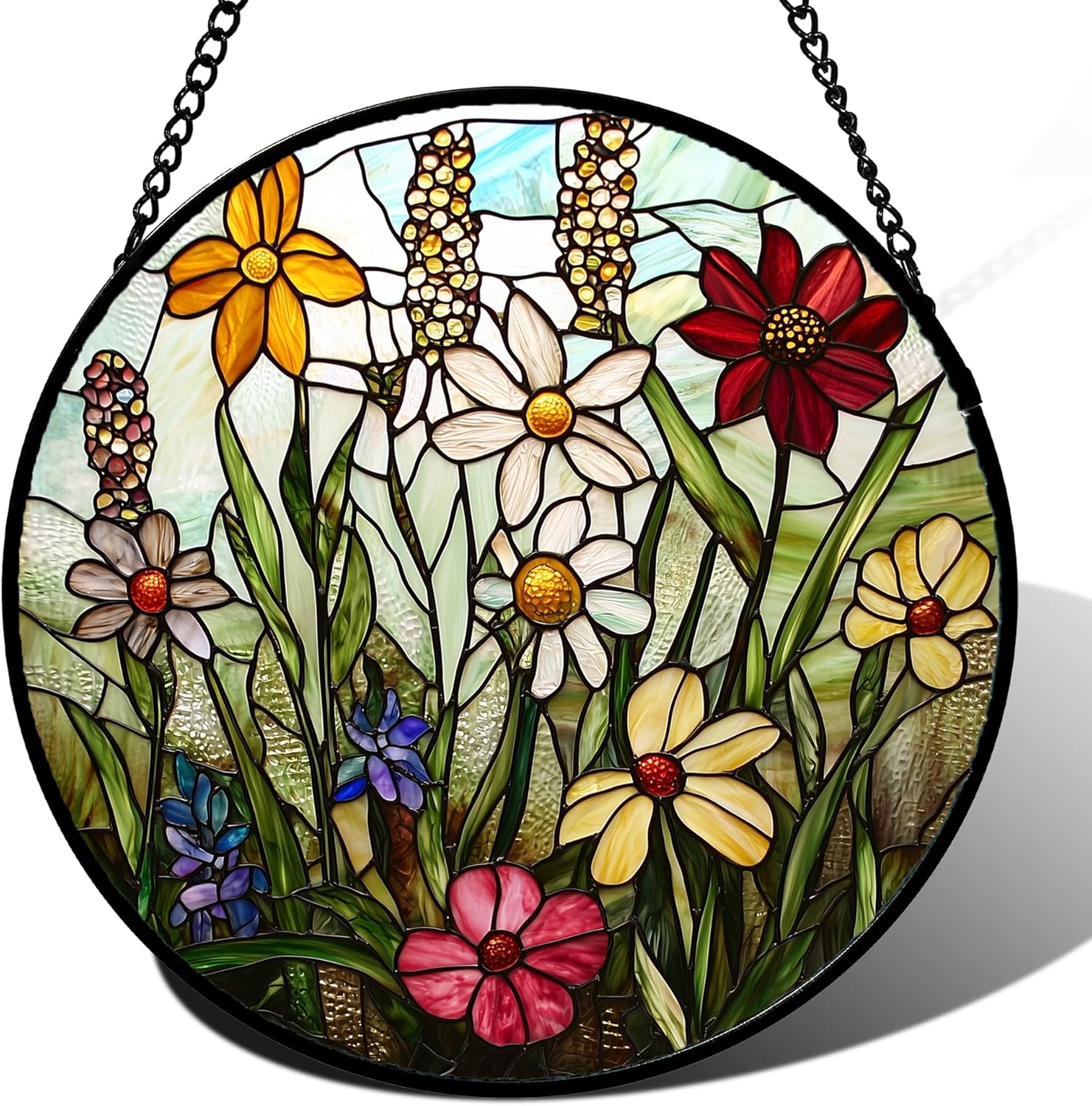 Colorful Wildflowers Stained Glass Window Hanging for Home Decor
