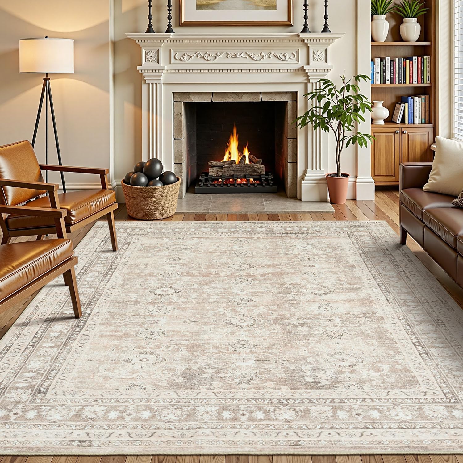Vintage Beige Distressed Floral Area Rug for Living Room