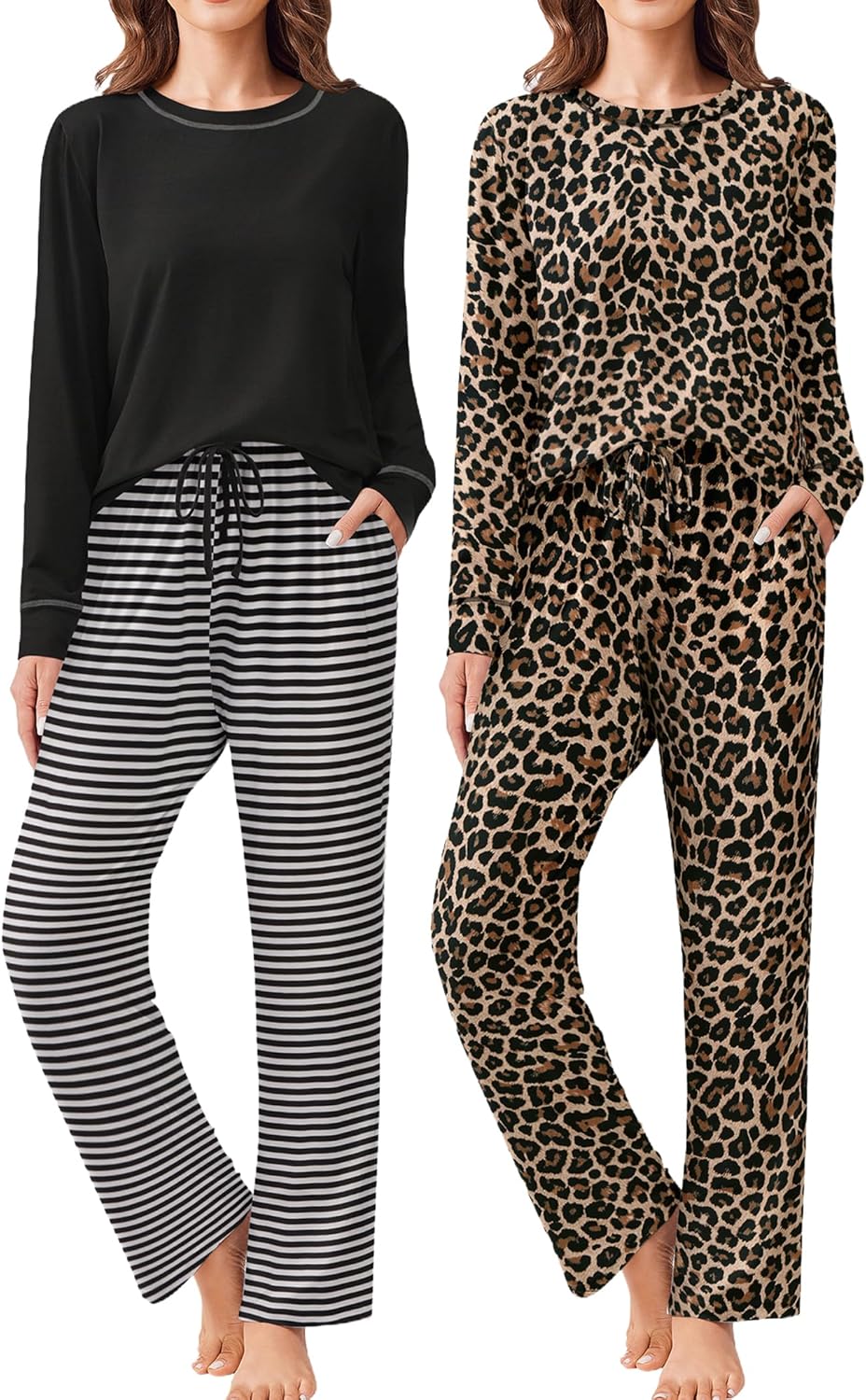 Ekouaer 2 Pack Women Pajama Long Sleeve Sleepwear Sets with Pockets