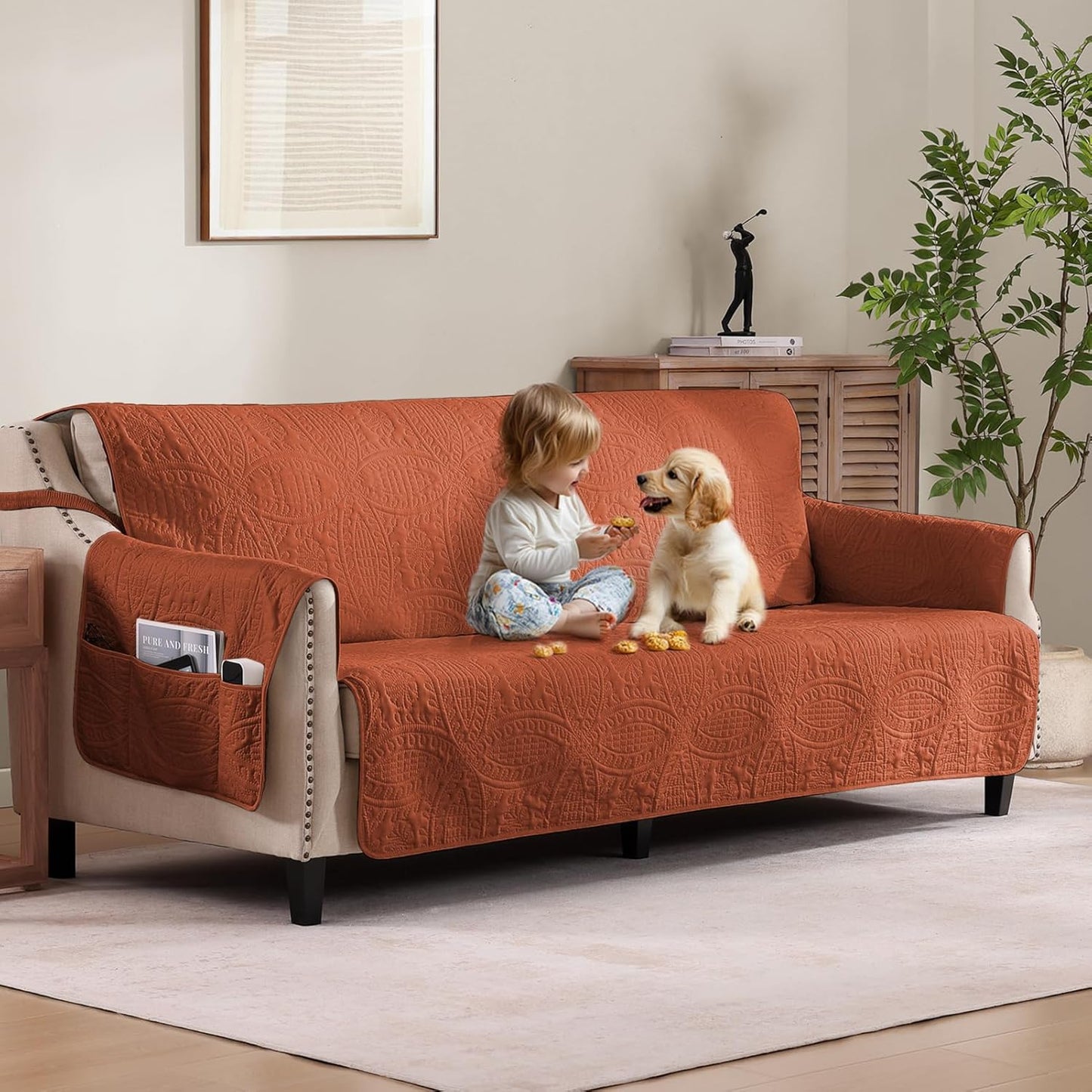 Burnt Orange Sofa Covers with Pockets for 3 Cushion Couch