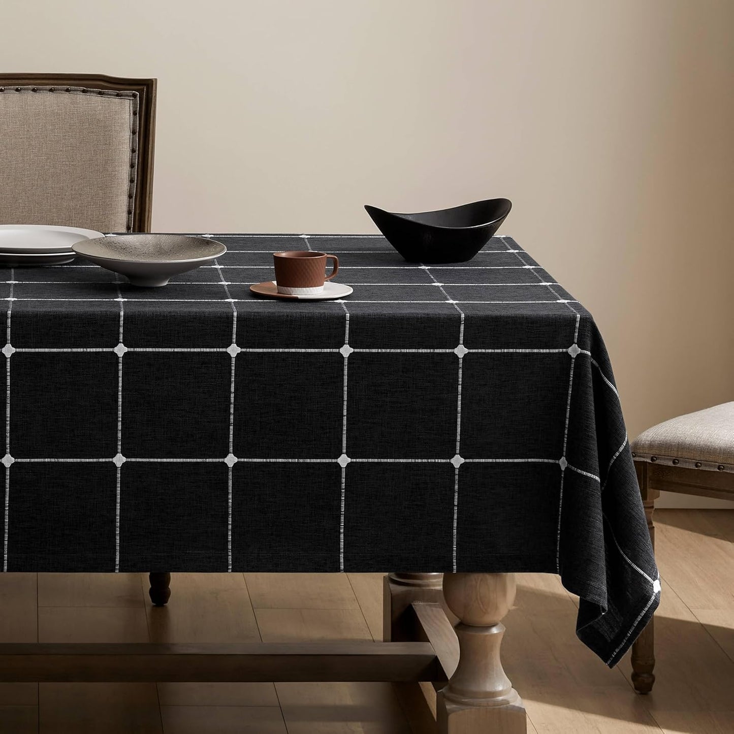 ZeeMart Grid Embroidered Hemmed Tablecloths for Farmhouse Style