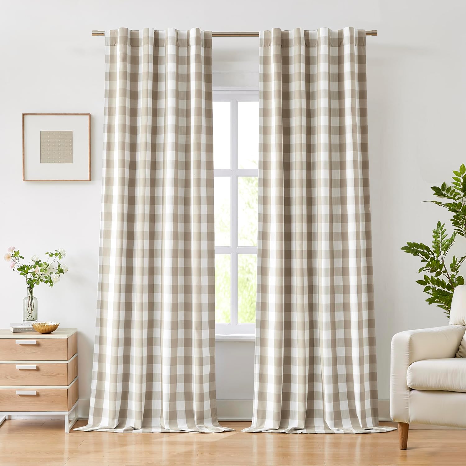 Beige White Full Blackout Bedroom Curtain Panels for Privacy
