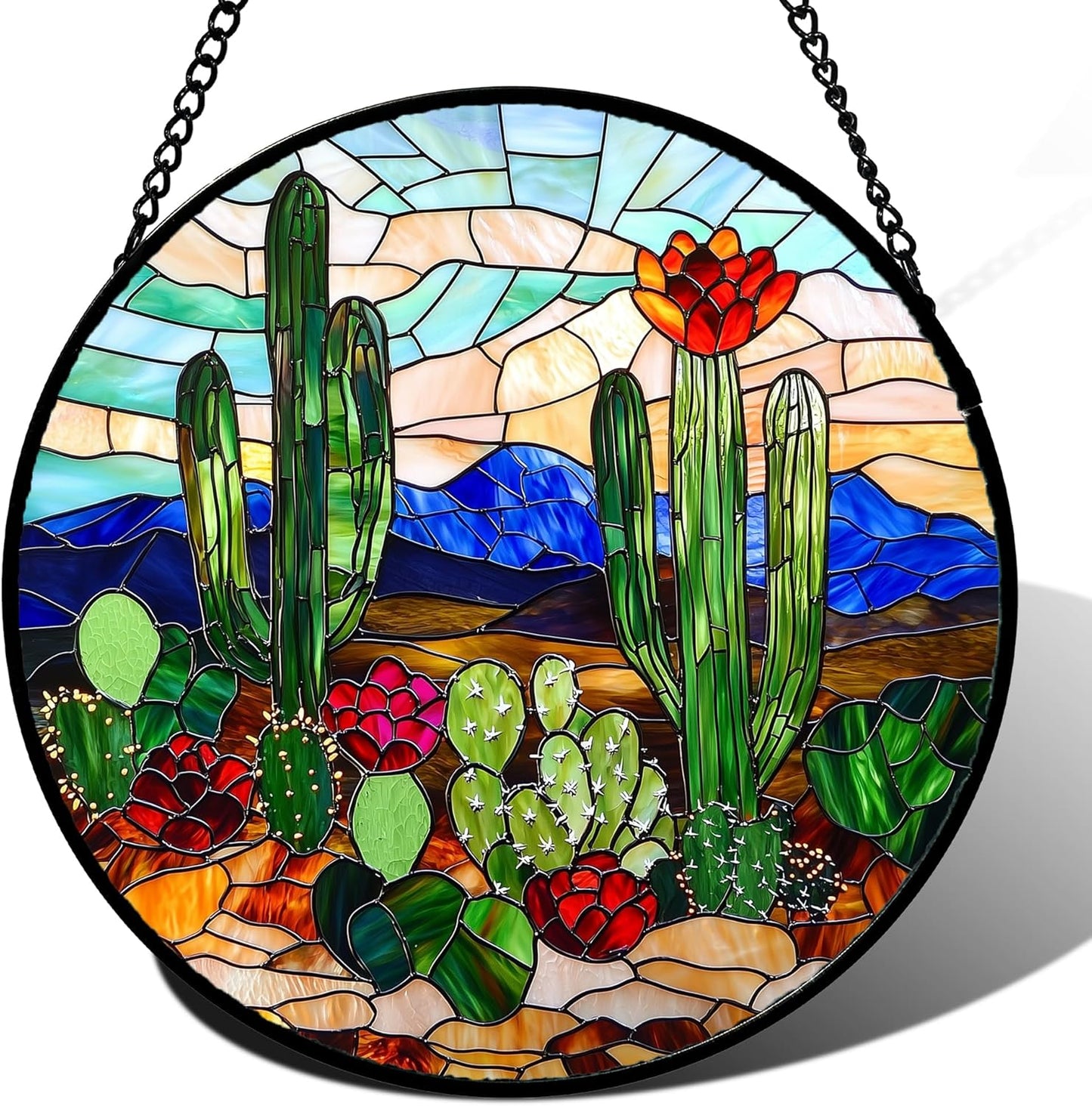 Stained Glass Window Hanging Cactus Suncatcher for Home Decor