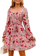 Floral Boho Long Sleeve Mini Dress - Smocked Square Neck