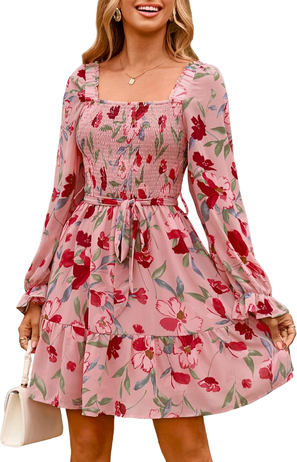 Boho Long Sleeve Mini Dress for Women - Floral A-Line Style