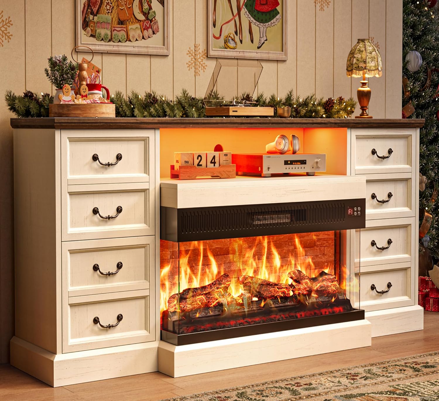 Distressed White Fireplace TV Stand for 75-80 TVs