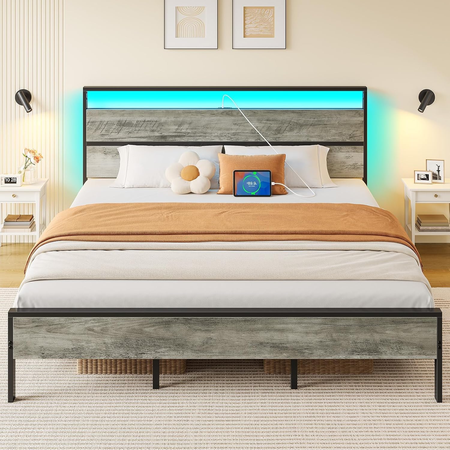 Rolanstar King Bed Frame with LED Lights and Charging Station