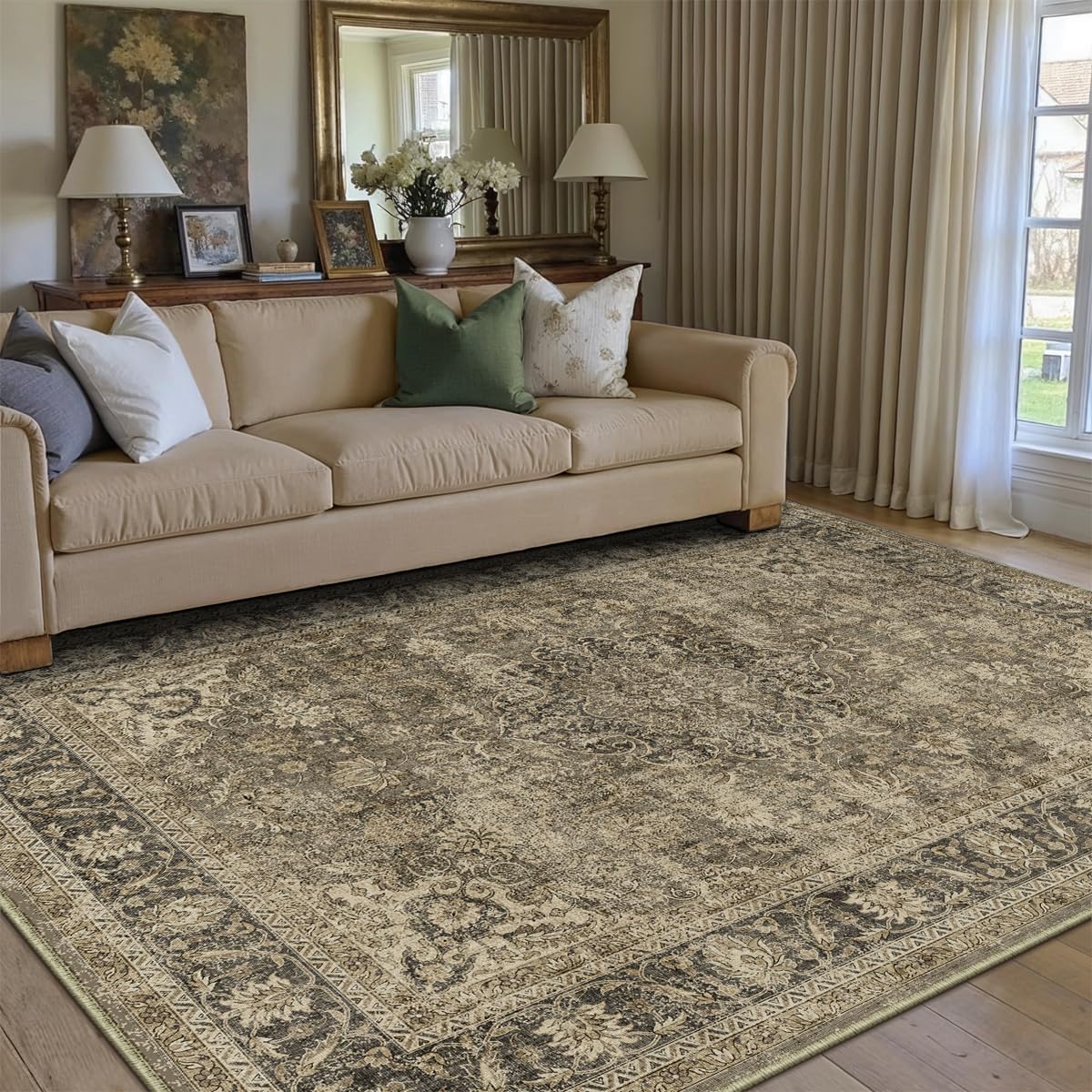 6x9 Washable Brown Area Rug for Vintage Living Room Decor