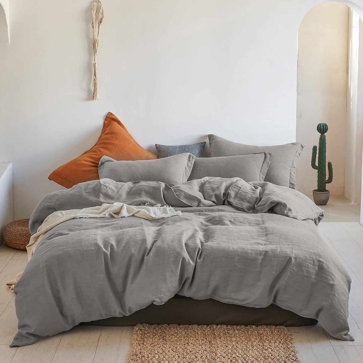 100% Linen Duvet Cover Set for King Bed - Dove Grey Soft Bedding