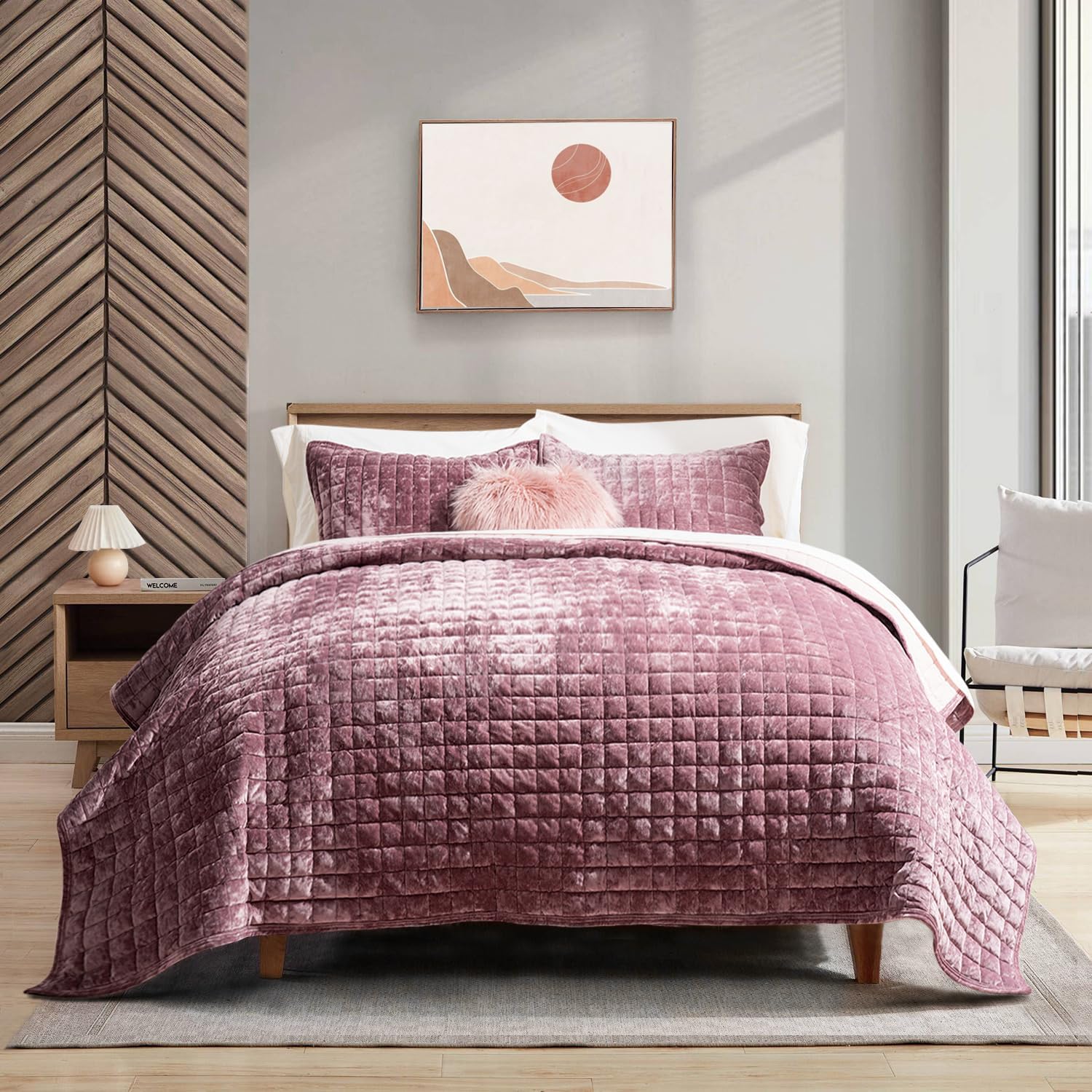Luxury Velvet Quilt Set Full Queen Size in Dusty Mauve Pink
