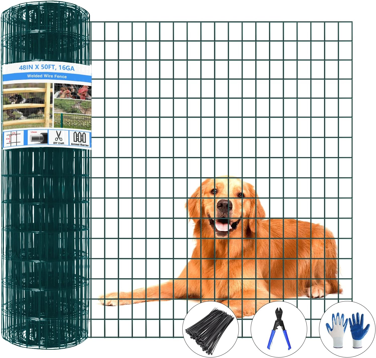 Welded Wire Fence 50ft x 48in for Dogs and Chickens, Green