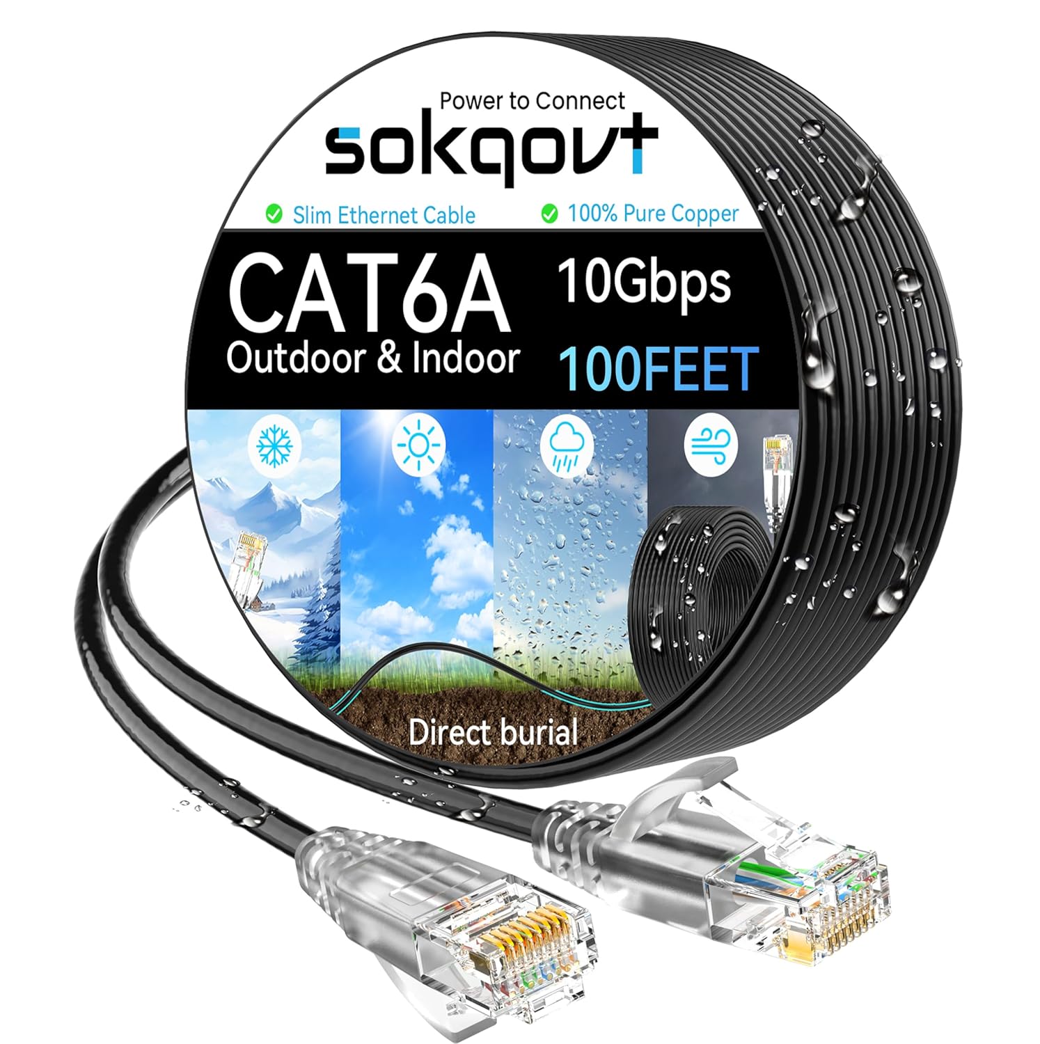 10G Waterproof Cat6a Ethernet Cable 100ft