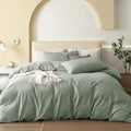 100% Washed Cotton Duvet Cover Set King - Linen Feel Heathered Sage