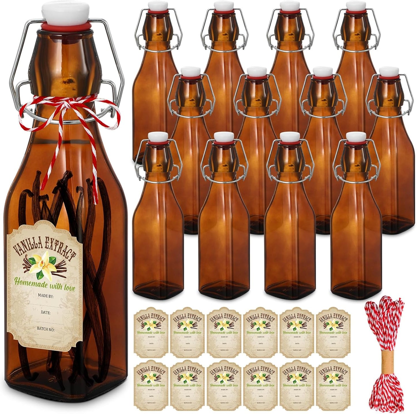12 Pcs 8 oz Swing Top Square Glass Bottles for Vanilla Extract
