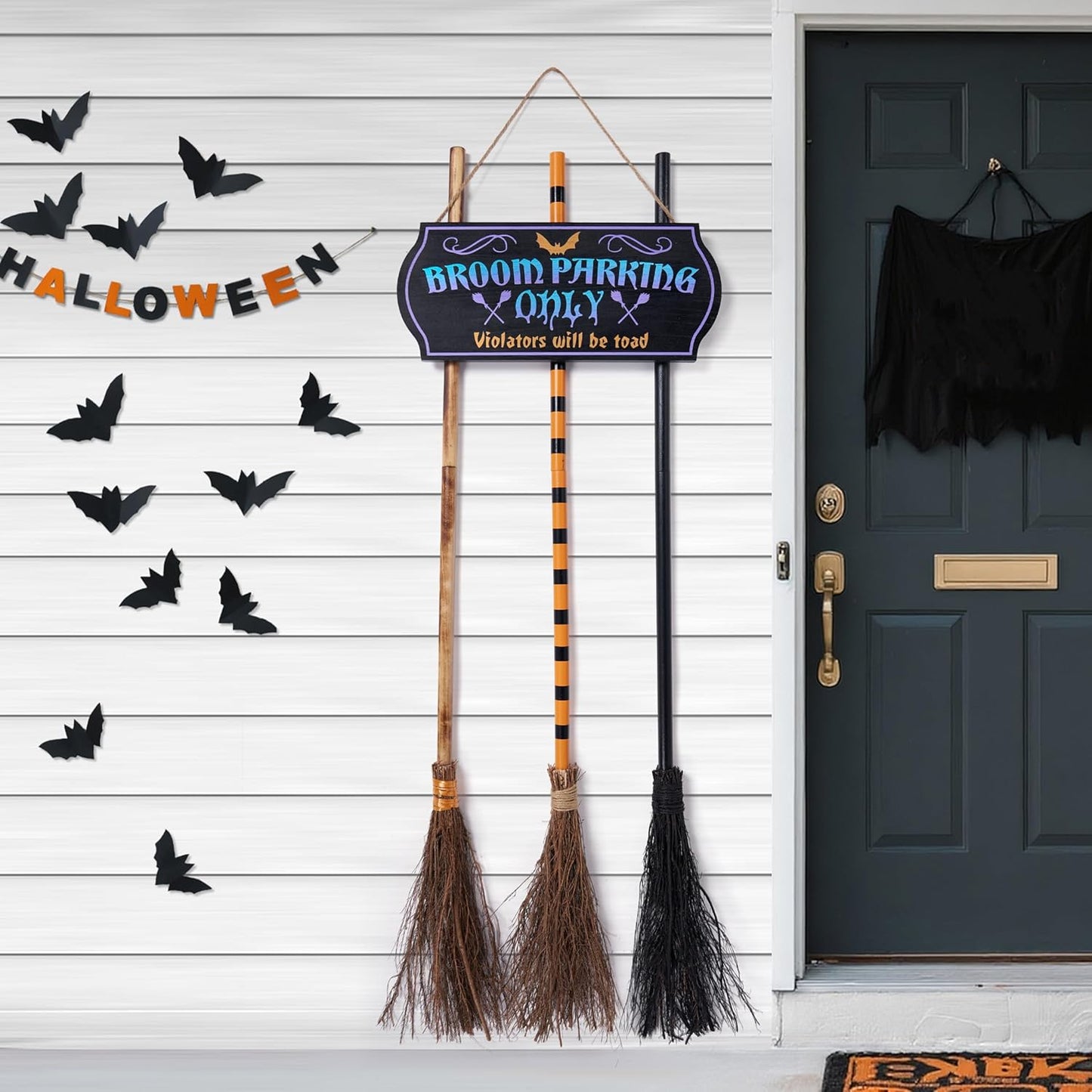 Halloween Broom Parking Sign with Wooden Witches Brooms Set
