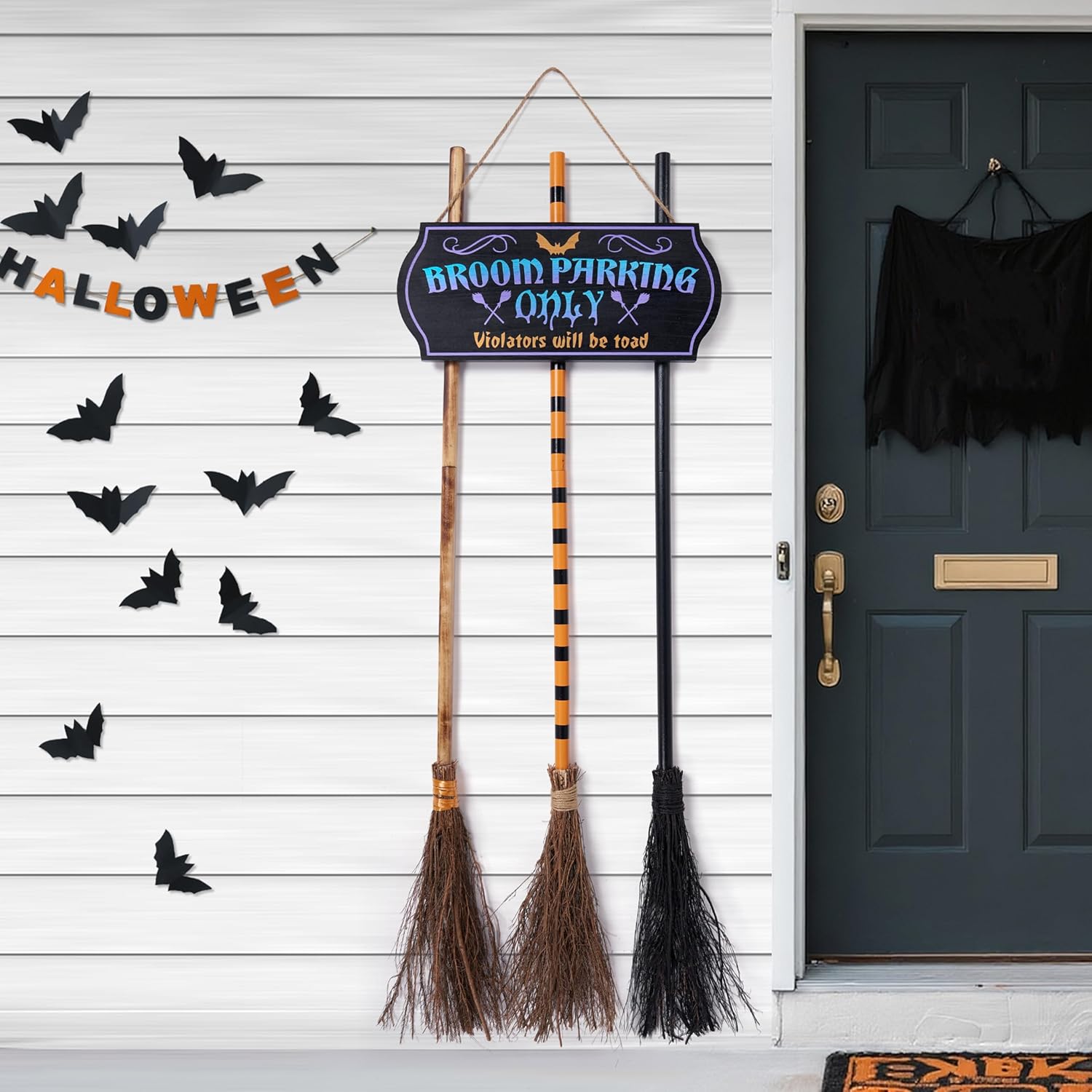 Halloween Broom Parking Sign with Wooden Witches Brooms Set