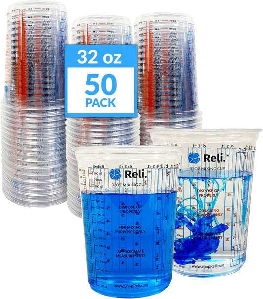 50 Disposable 32oz Paint Mixing Cups | Clear Plastic | Measure Paint, Epoxy, Resin