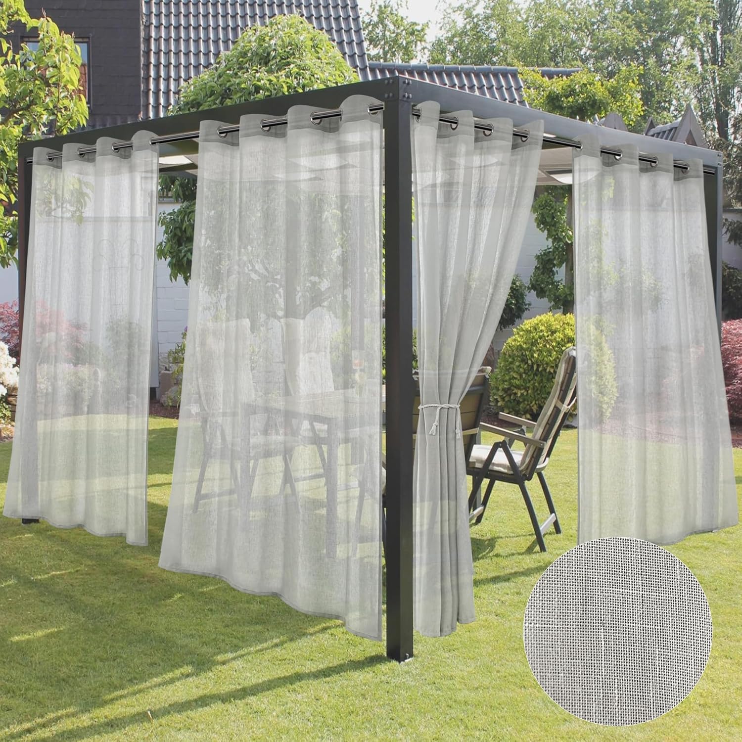 Outdoor Sheer Curtains for Patio Waterproof Grey Linen Drapes