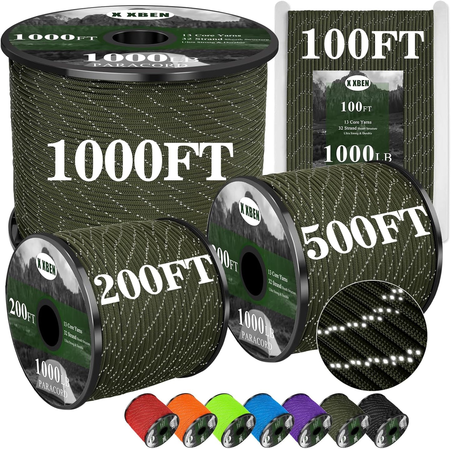 X XBEN Reflective 1000lb Paracord for Versatile Outdoor Use
