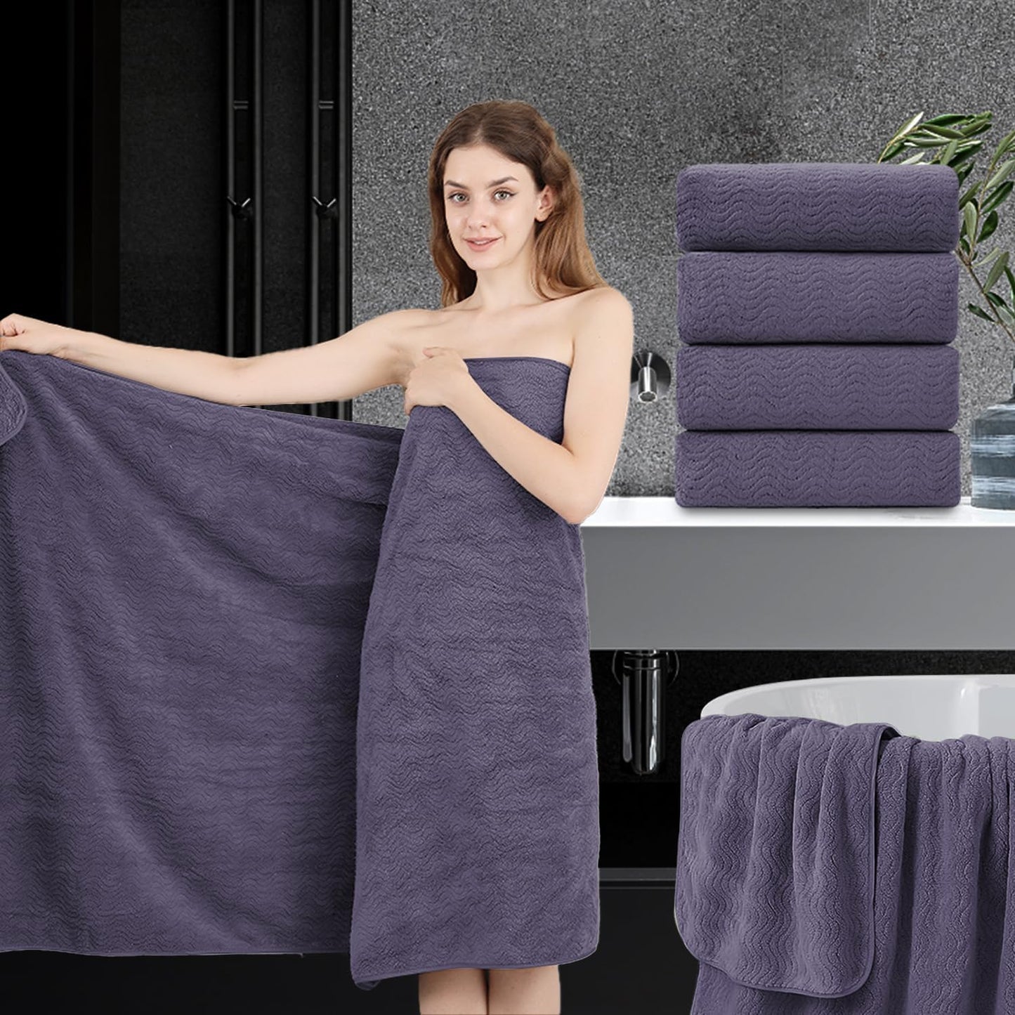 Oversized Bath Towel Set 4 Piece Extra Large 35x70 in Purple
