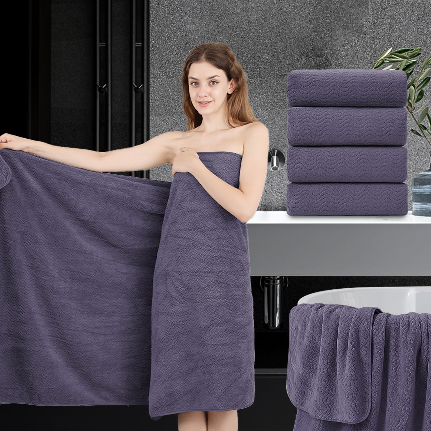 Oversized Bath Towel Set 4 Piece Extra Large 35x70 in Purple