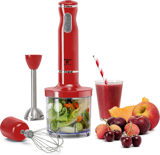 Moss & Stone Red Hand Blender Set - Powerful 300W Immersion Blender w/ Egg Whisk & Chopper