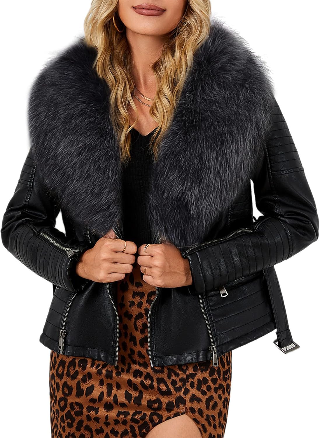 Stylish Faux Leather Jacket for Women with Removable Fur Collar