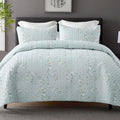 Queen Size Aqua Floral Reversible Boho Quilt Set - 3 Piece