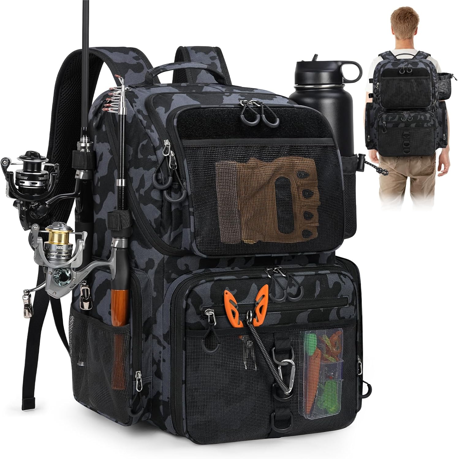RAINSMORE 45L Fishing Backpack with Rod Holders and Rain Cover