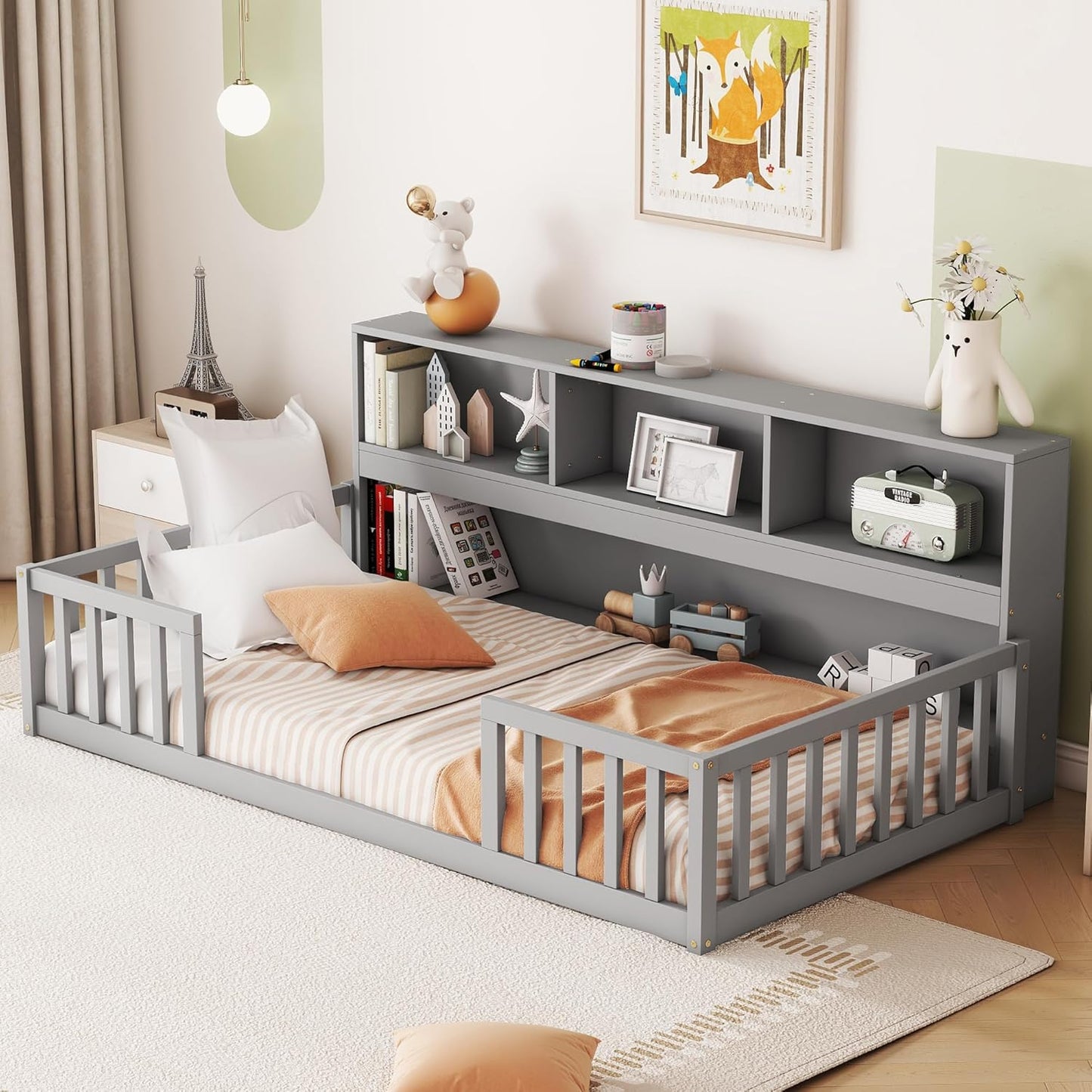 Bellemave Kids Montessori Floor Bed with Bookcase and Guardrails