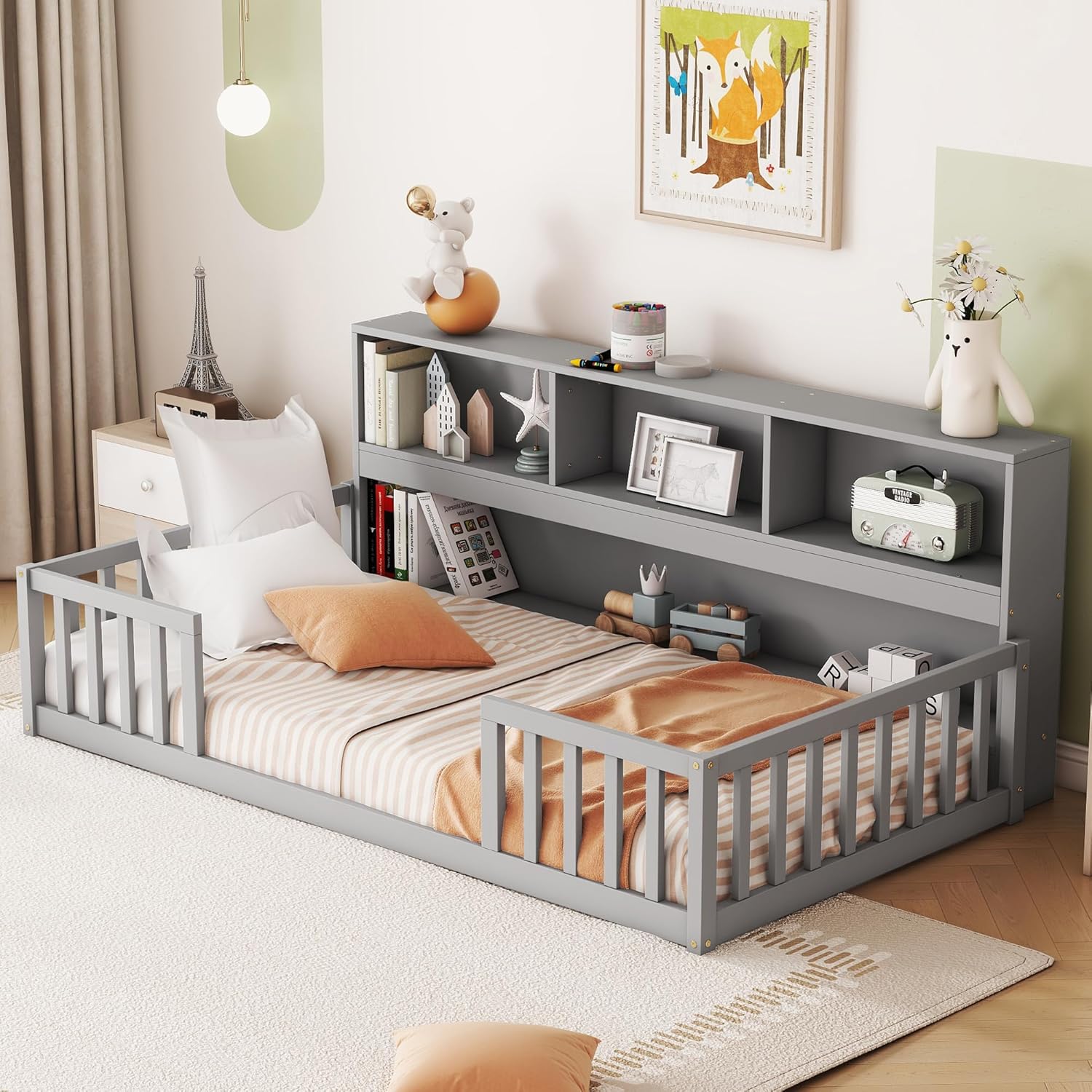 Bellemave Kids Montessori Floor Bed with Bookcase and Guardrails