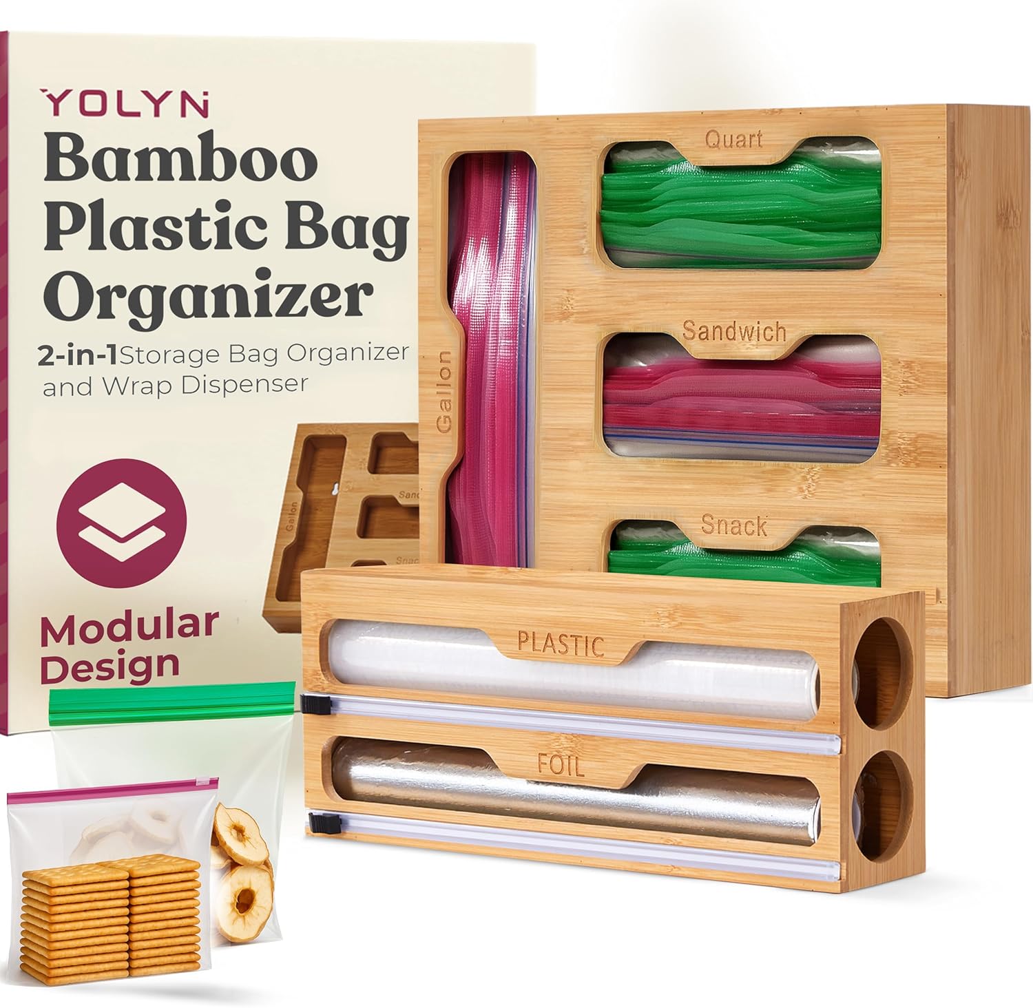 Bamboo Kitchen Storage Bag Organizer with Foil Dispenser