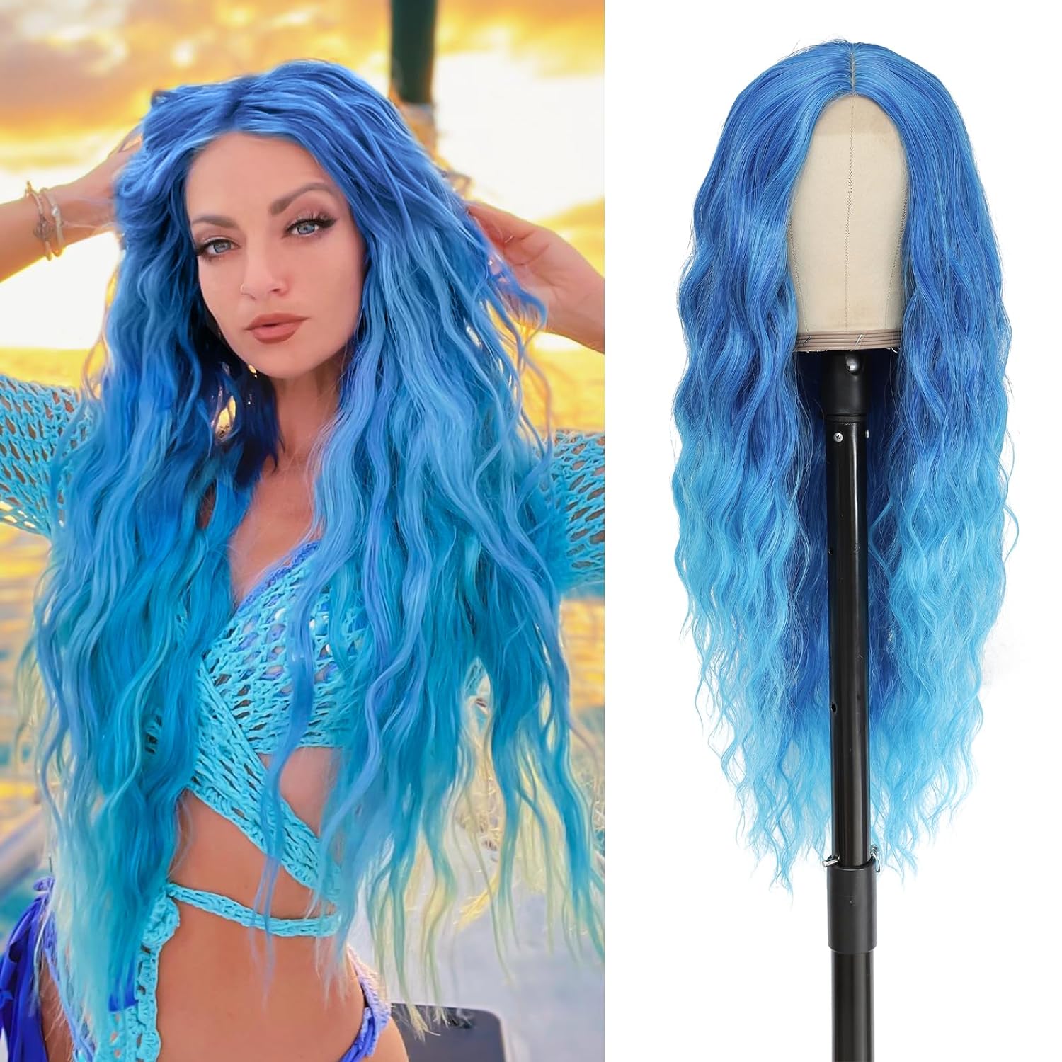 BUPPLER Cosplay Long Blue Wig 28 Inch for Women Daily Use