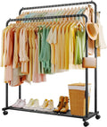 Clothes Rack Double Rods with Mesh Shelf and Wheels - Stable Storage