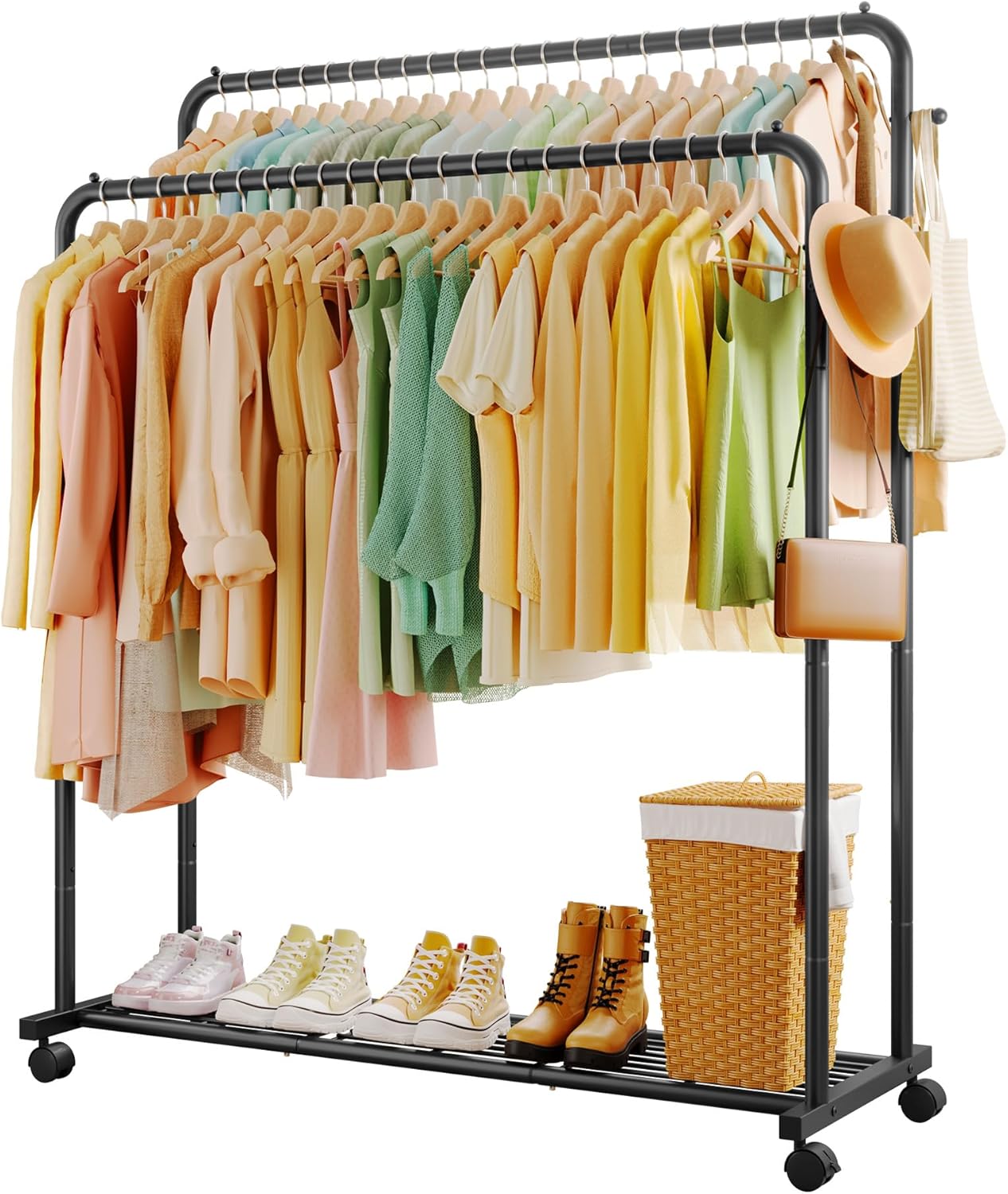 Double Rods Clothing Rack with Mesh Shelf and Hooks for Storage