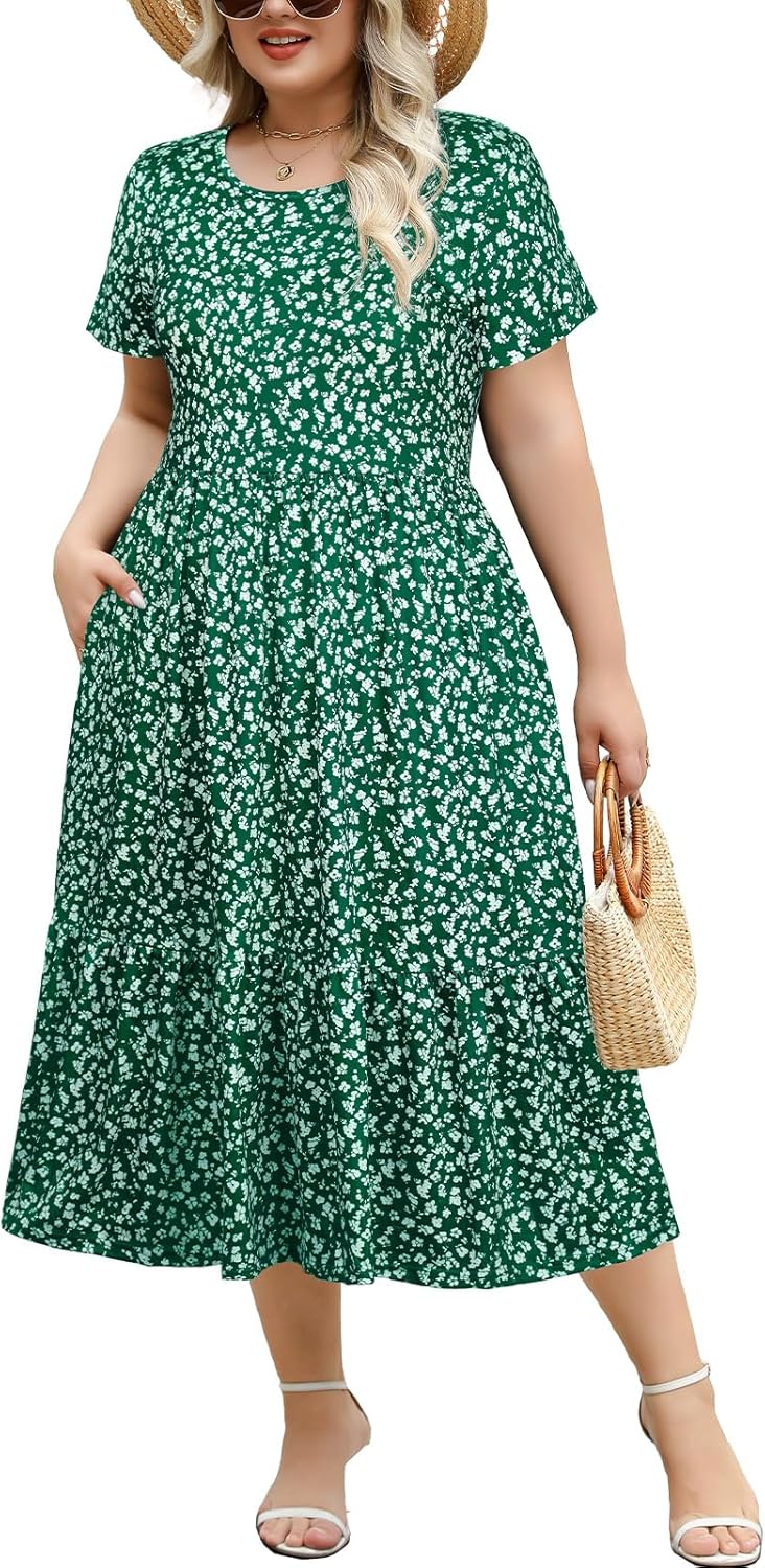 Plus Size Midi Casual Dress with Pockets for Women 1X-4X