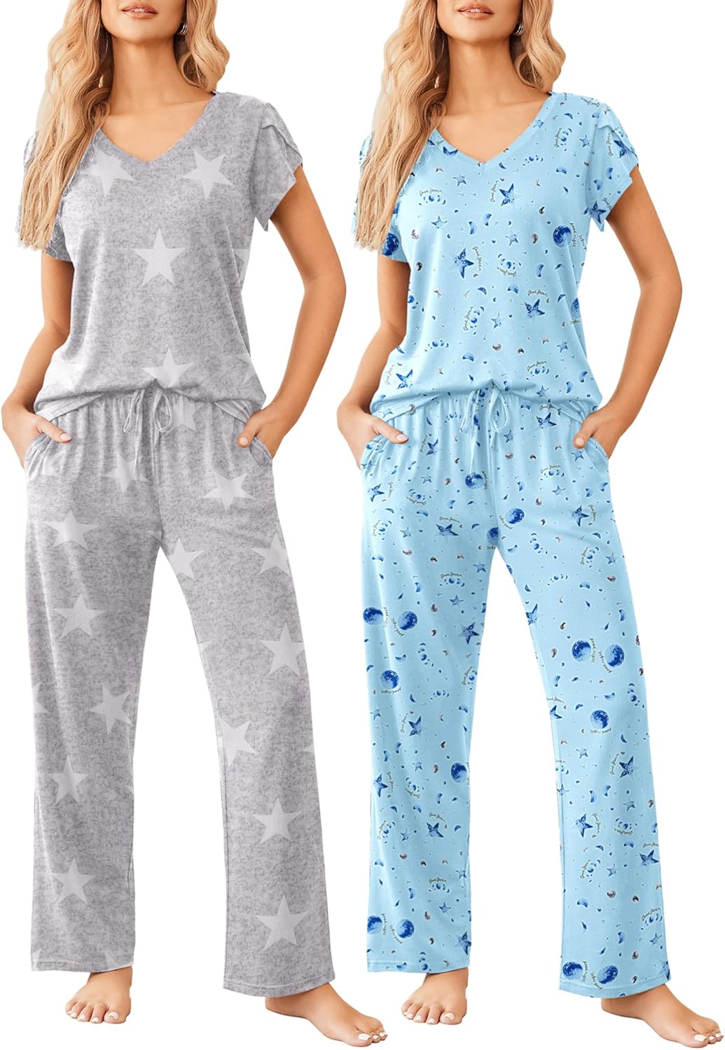 Ekouaer 2 Pack Womens Pajamas Short Sleeve Sleepwear Sets