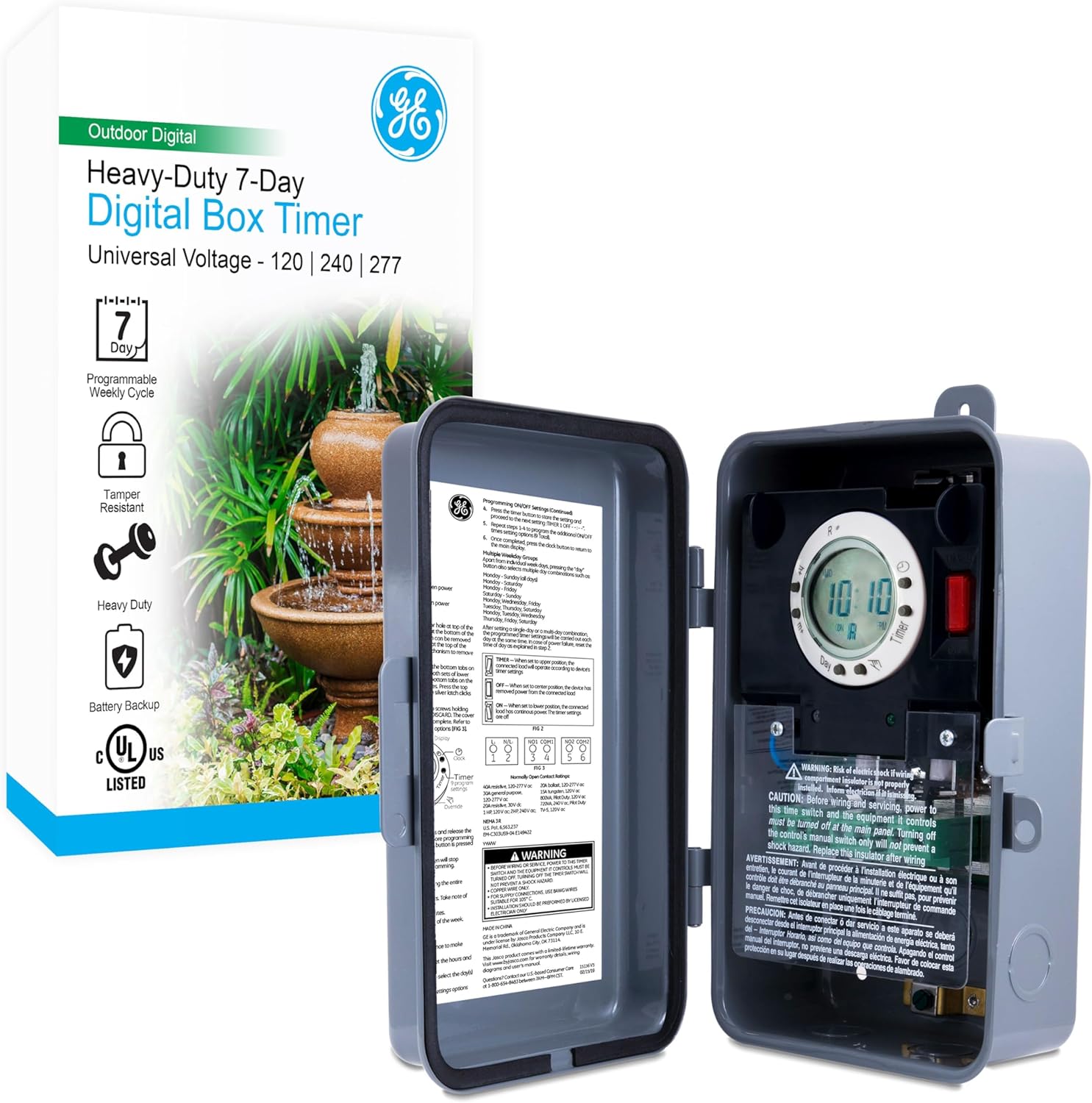 GE 7-Day Digital Pool Timer with 40A Load Capacity for Outdoor Use