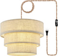 3-Tier Drum Linen Plug in Pendant Light - Hemp Rope Cord