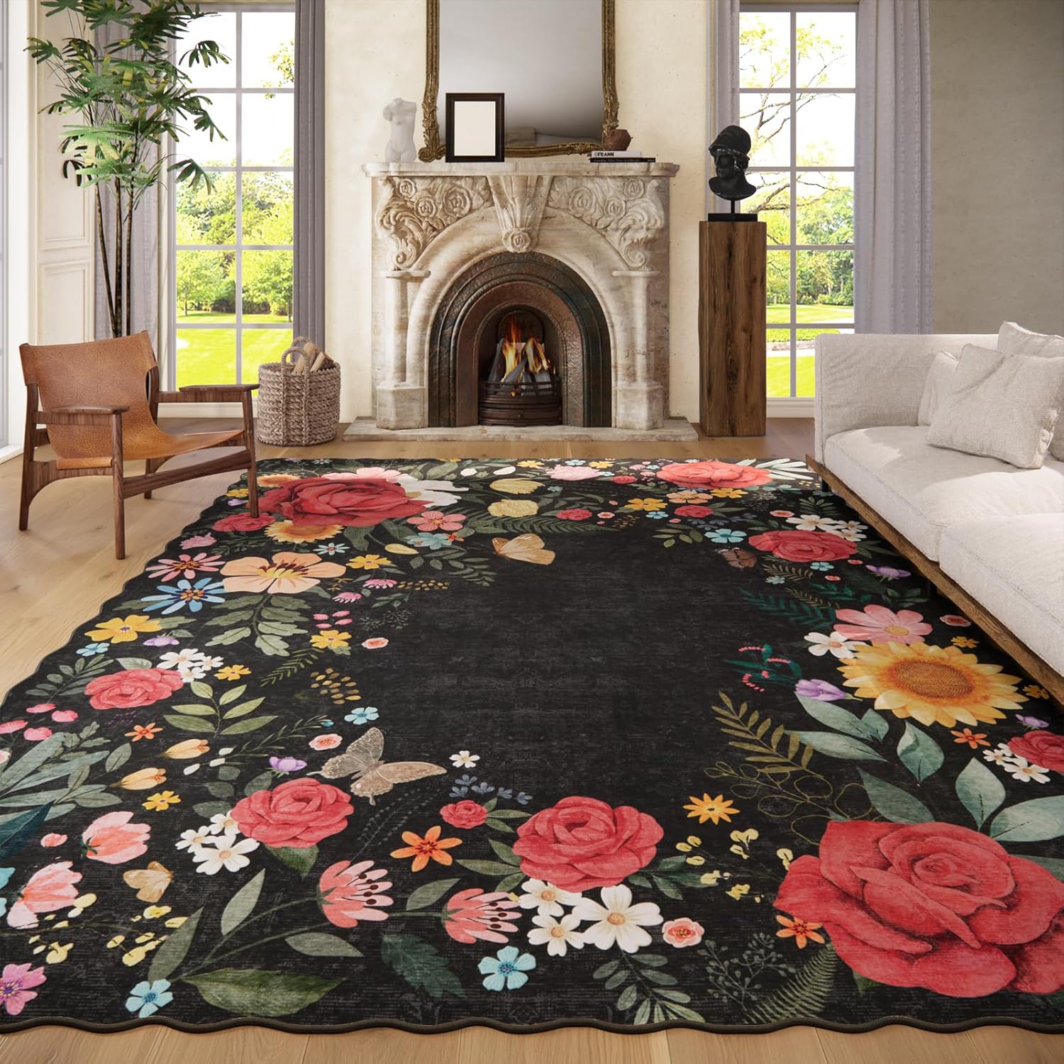 8ftx10ft Washable Rugs for Living Room - Vintage Boho Floral Design