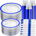 Clear Disposable Plates with Blue Rim for 30 Guests - Durable Party