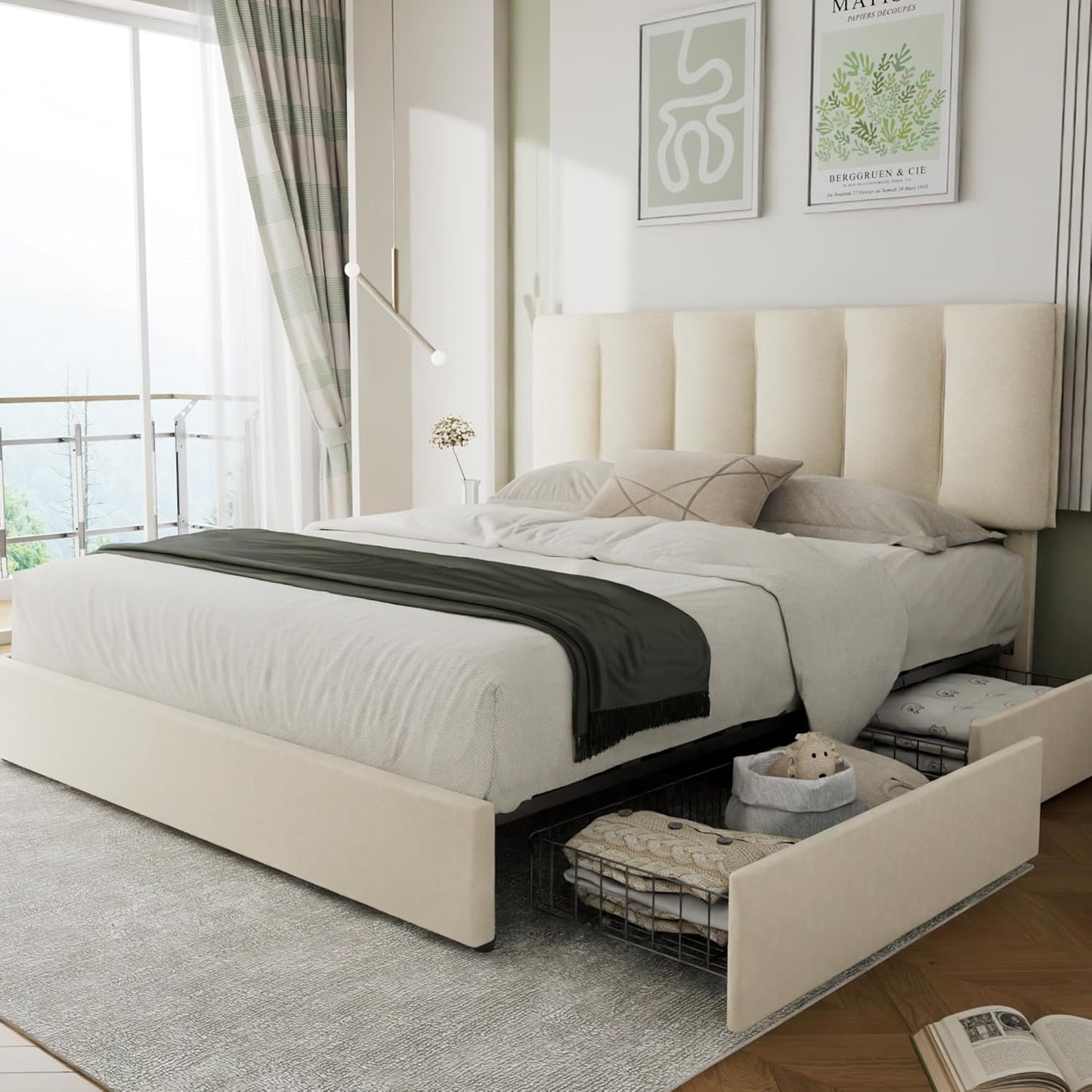 VECELO Full Size Bed Frame with Storage Drawers and Headboard
