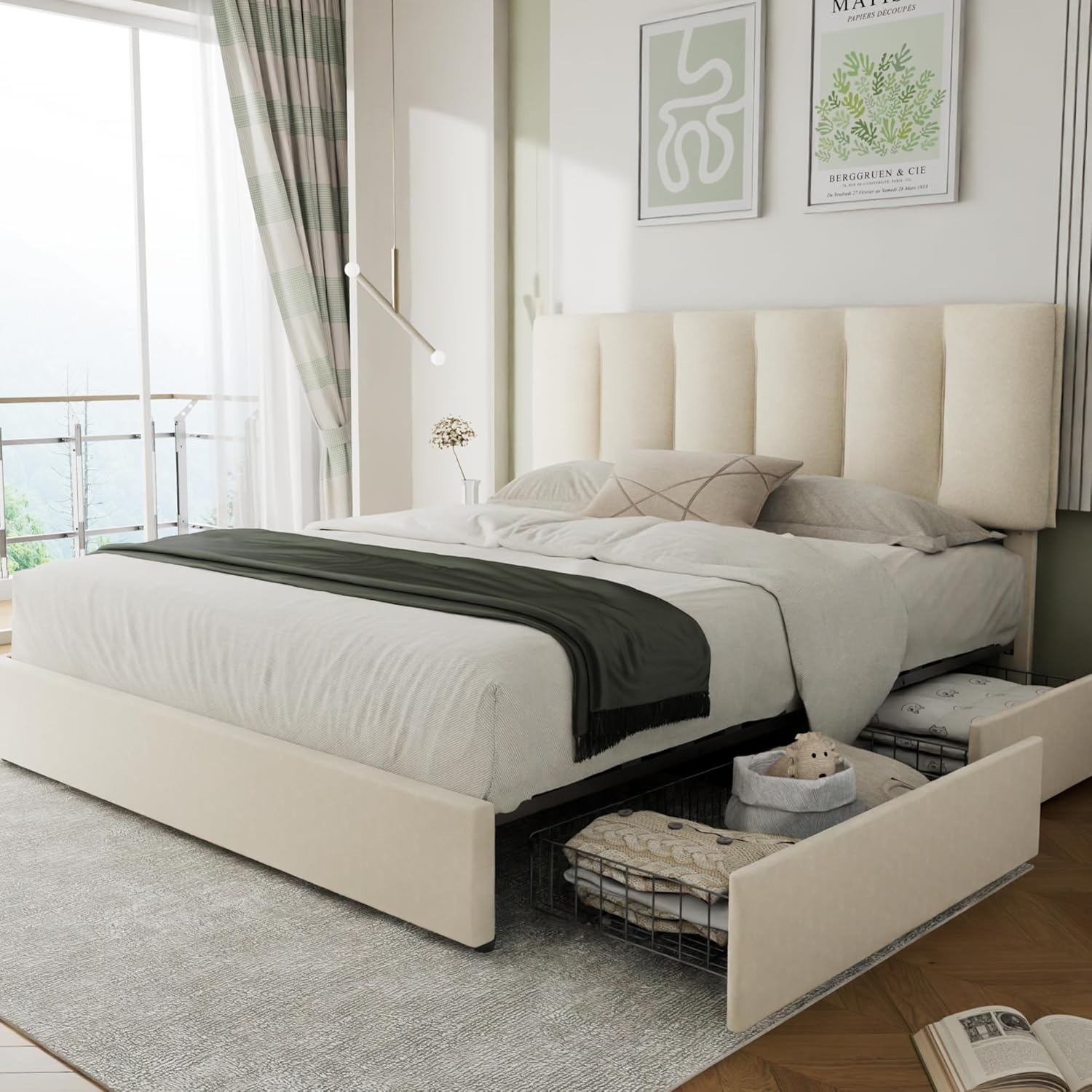 VECELO Full Size Bed Frame with Storage Drawers and Headboard