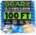12 AWG Outdoor Extension Cord 100 ft - Heavy Duty SJEOW Lighted Plug
